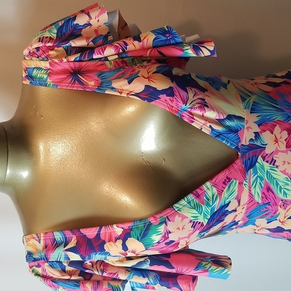 HAUTE PINK & BLUE TROPICAL PRINT LOW PLUNGE ONE PIECE SWIMSUIT - Picture 2 of 6
